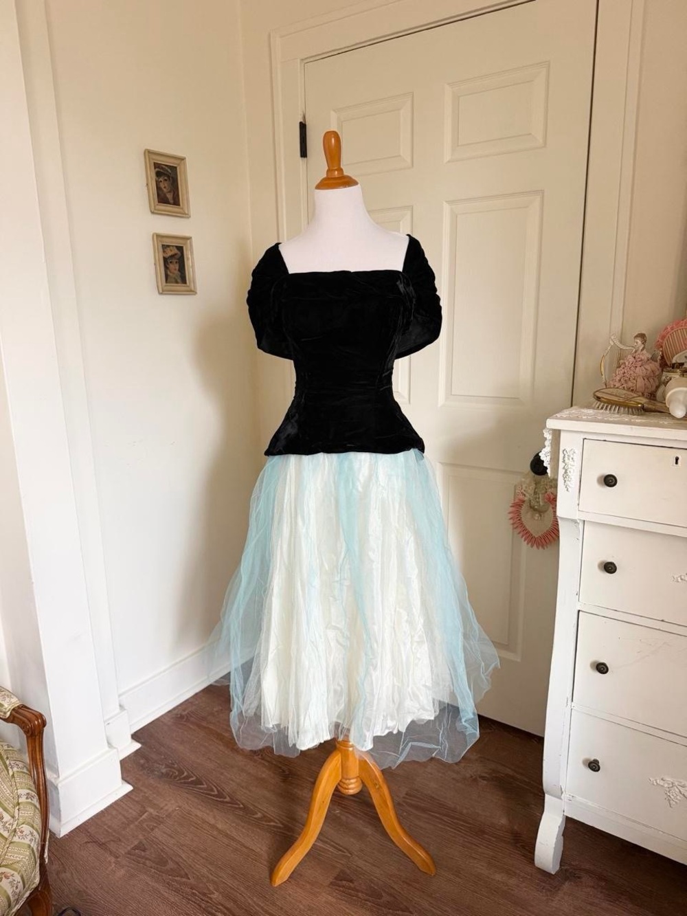 Stunning Vintage 1950s Black Velvet and Blue Tulle Cocktail Dress